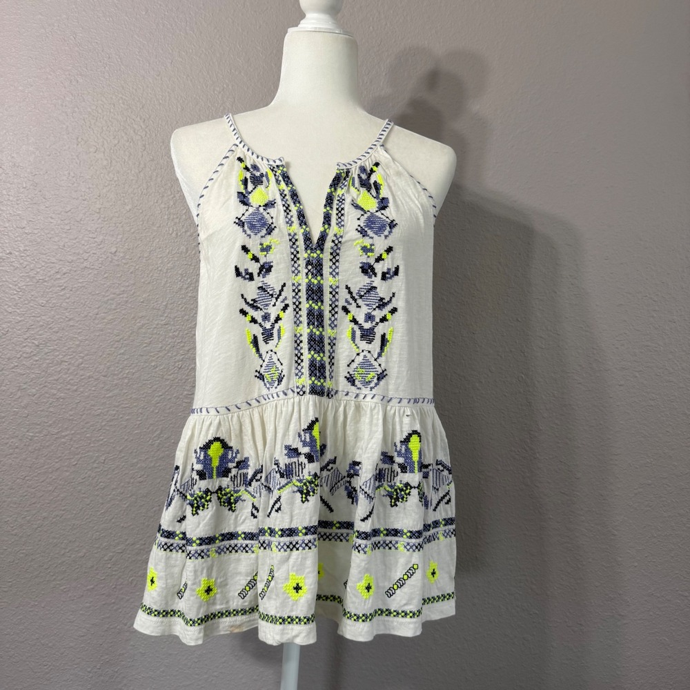 Maeve Anthropologie Women's Size M White‎ Embroidered Peplum Tank Top OB1179389